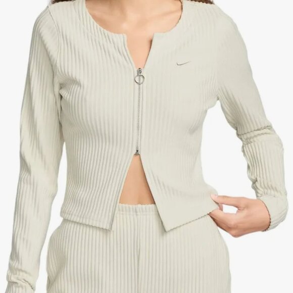 NIKE SPORTSWWEAR Chill Ribbed Full Zip Cardigan in Tan Sz MEDIUM - Picture 2 of 5